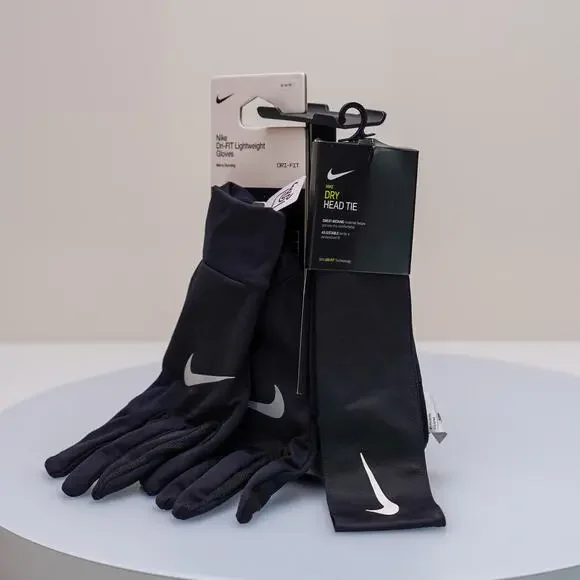Nike Running Bundle Men's Medium Dri-FIT Gloves & Head Tie Black NWT - Picture 1 of 3